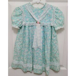 Vtg Evy Girls Short Sleeve Bib Lace Trim Dress Cottagecore Prairie Blue Floral 6
